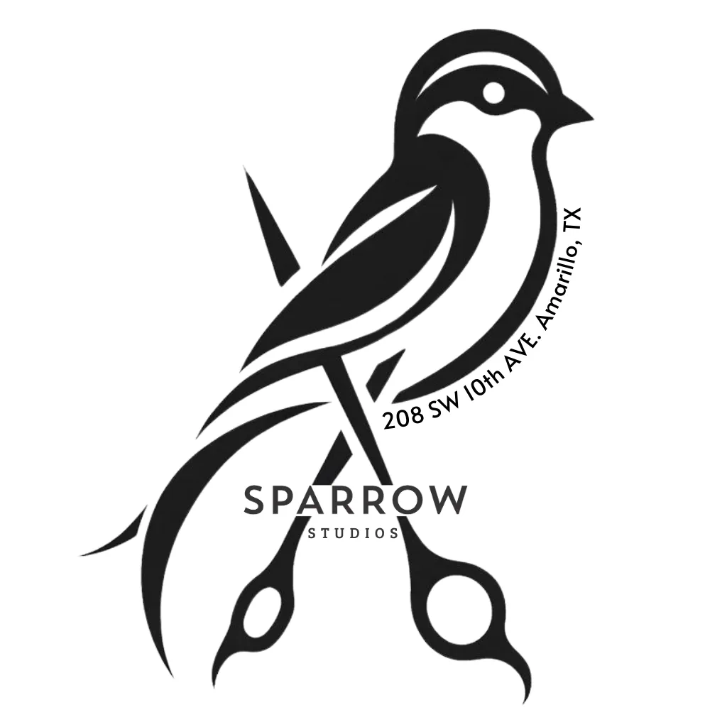 Sparrow Studios salon logo, combining a sparrow with a pair of scissors.