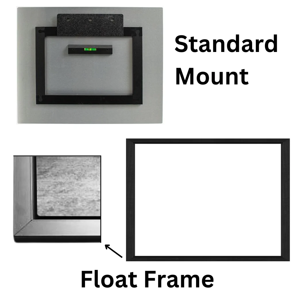 Standard mount and black float-frame options for a metal print.