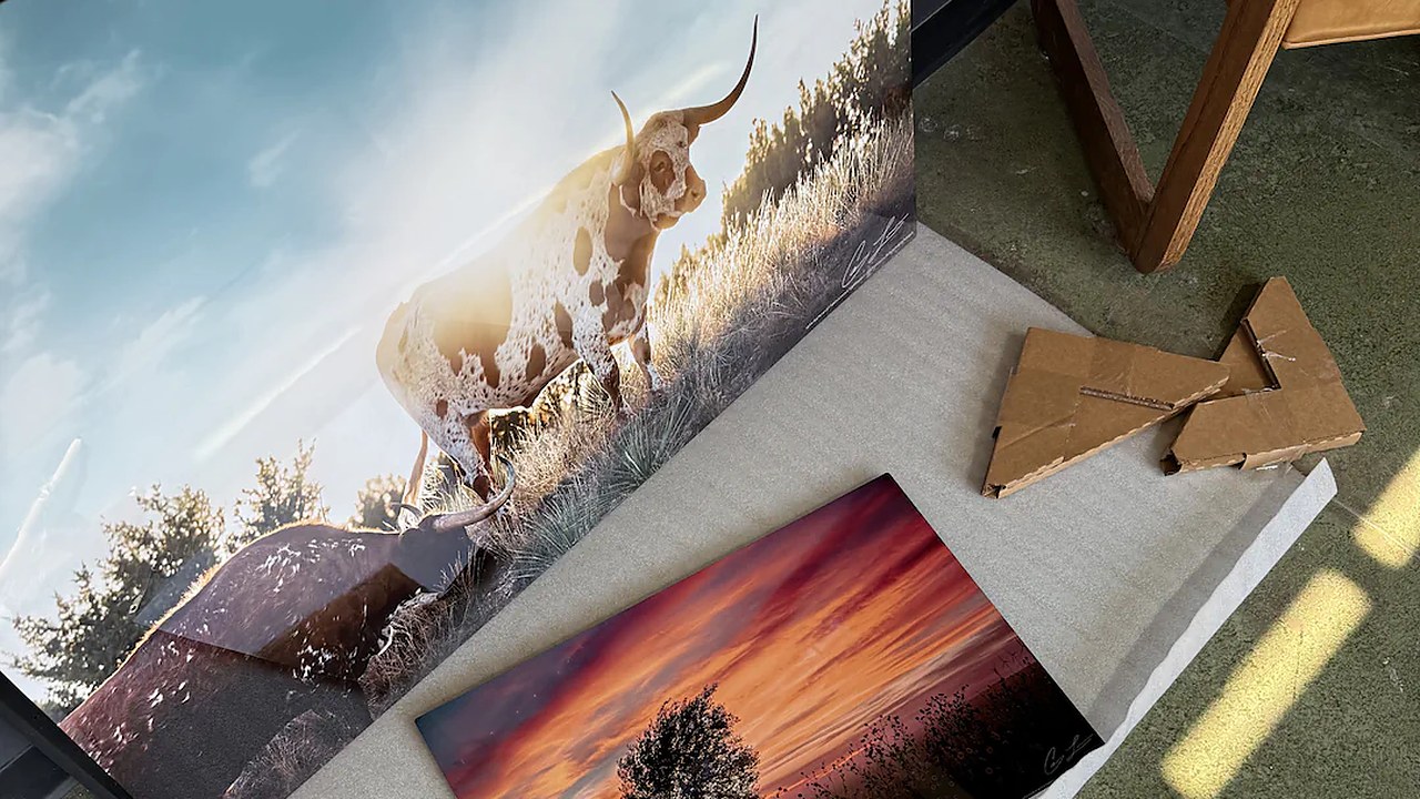 Signature Scenes metal prints displayed in the Sparrow Studios workspace.